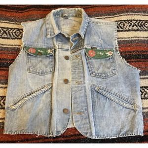 Womens Vintage Wrangler Cropped Denim Vest, Embellished Pockets, Sz S/M